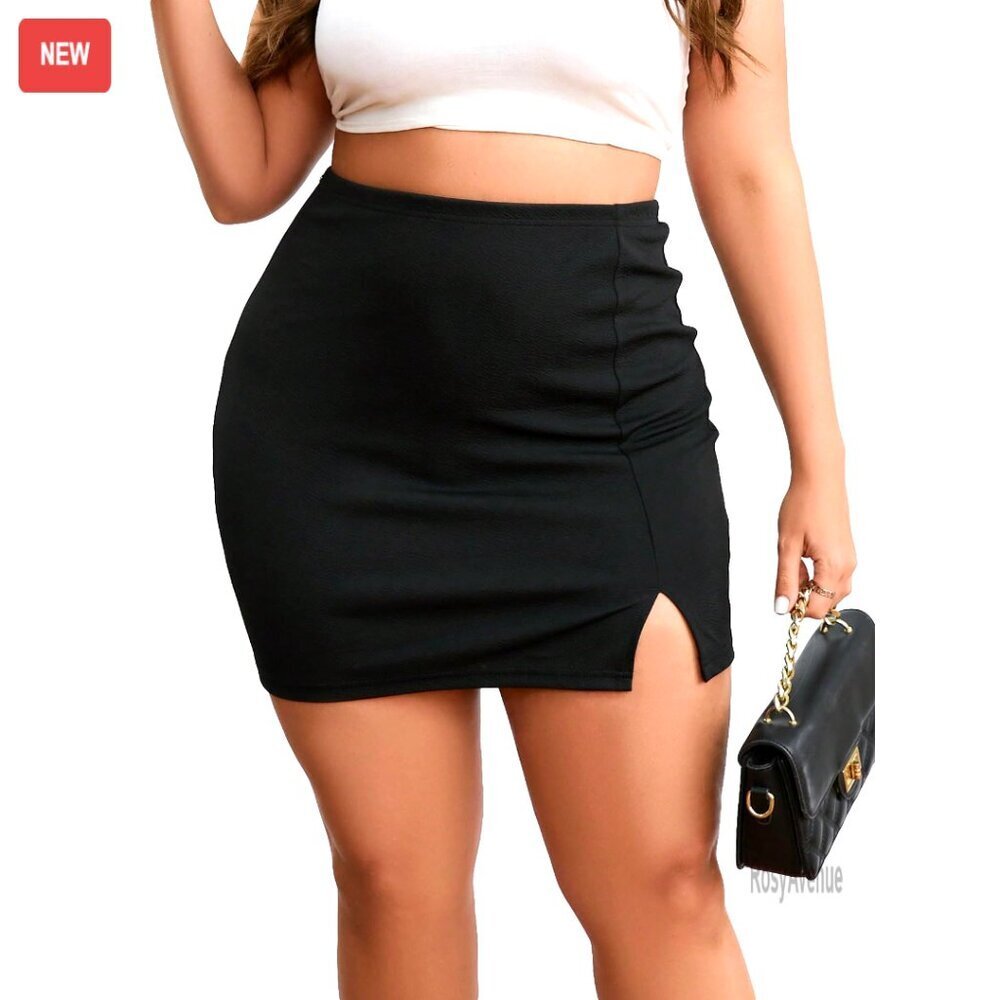 Plus Size High Waist Elastic Slit Bodycon Mini Skirt Stretch Fitted
